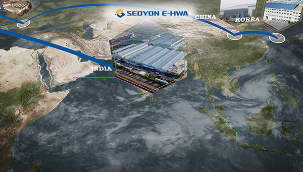 A global map showcasing Seoyon E-HWA Automotive India's manufacturing locations in India, China, and Korea.