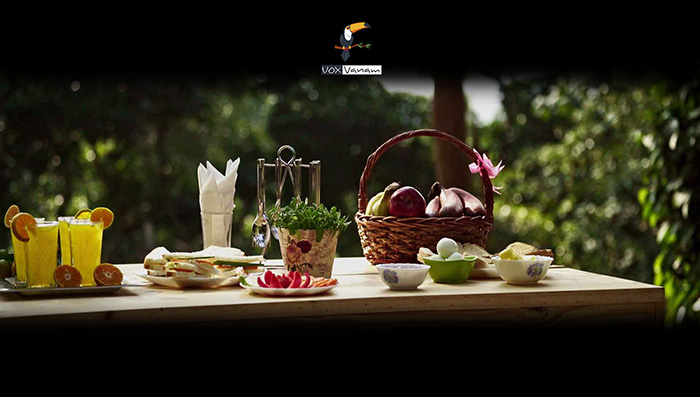 A picturesque breakfast spread at Vox Vanam, Kodaikanal Estate Bungalow, showcasing fresh fruits, juices, and sandwiches in a serene outdoor setting in Hotel video.