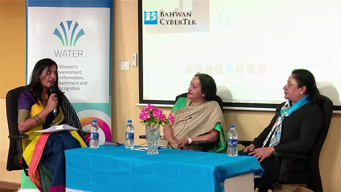 Panel discussion featuring three professional women during the Bahwan CyberTek conference event, captured by Ovm Studios for live streaming and videography.