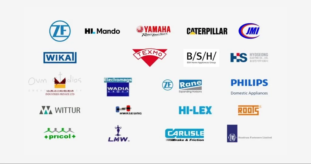 Client logos ZF India Pvt. Ltd., HL Mando, Yamaha, Caterpillar, JM Frictech India Pvt. Ltd., WIKA Instruments India Pvt Ltd., Texmo Industries, BSH Hausgeräte GmbH, Hyoseong Electric India Private Limited, Madras Engineering Industries Private Limited, Electromags, Rane Group, Philips India, Wittur Elevator Components India Pvt, Hwaseung Materials India Pvt Ltd, Hilex Industry India, Roots Industries India Limited, Pricol Limited, LMW Limited, Carlisle Companies Incorporated, Sundram Fasteners. featuring in the Accurate Springs corporate video.