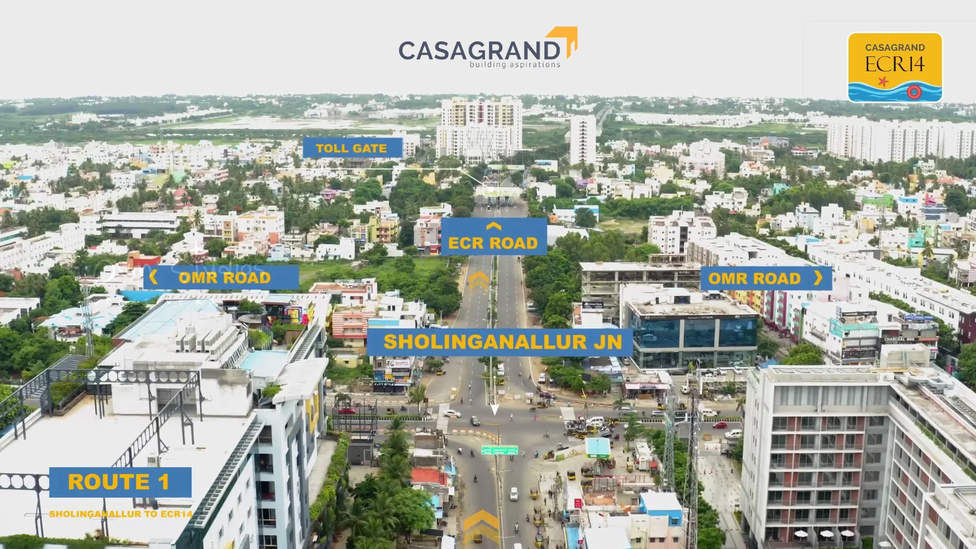 Aerial view of Sholinganallur Junction in Chennai, India, showing labeled routes to ECR Road, OMR Road, and other landmarks with Casagrand logo.